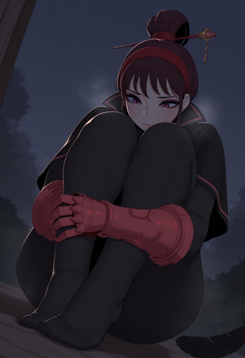 outdoors, undershirt, falling feathers, black bodysuit, hair stick, hugging own legs, , gauntlets,   eyeshadow,   red gloves,  high ponytail,  , black capelet, red hairband, pink eyes, 1girl, solo, feet, visible breath,   dynamic angle, foreshortening, smell, steam,  ABBB