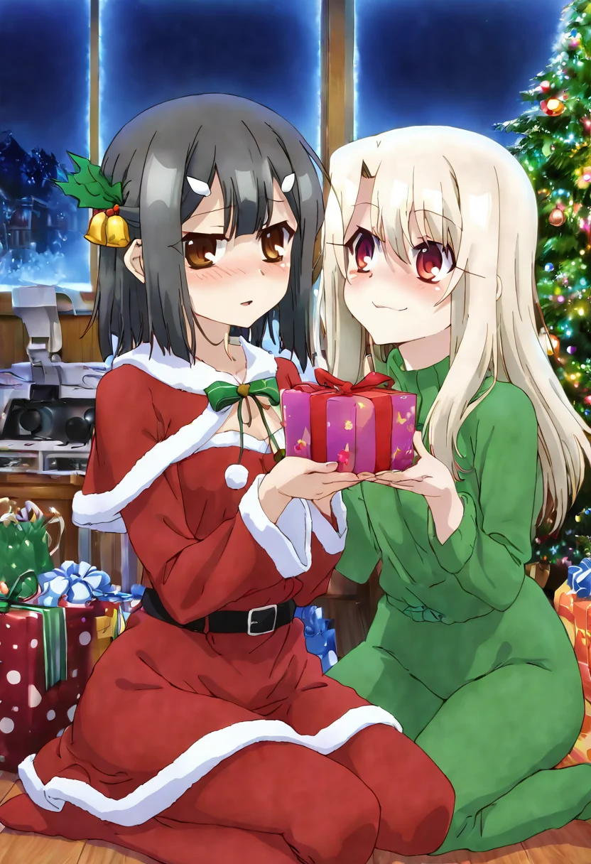 (masterpiece ,best quality, ultra detailed, highres, absurdres:1.2), , medium breasts, (curvy), (2girls), miyu edelfelt, brown eyes, black hair, hair ornament, illyasviel von einzbern, red eyes, white hair, long hair, red eyes, ð, christmas workshop, festive atmosphere, colorful outfits, green and red costumes, pointy hats, cheerful expressions, wrapping presents, toy-making machines, wooden workshop, twinkling christmas lights, snowy window, holiday spirit, cute and playful, cozy setting ,<lora:PrismaIllya_NAI:1.0>,