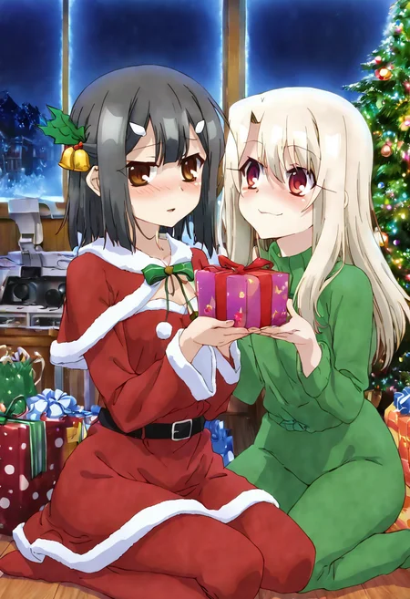 (masterpiece ,best quality, ultra detailed, highres, absurdres:1.2), , medium breasts, (curvy), (2girls), miyu edelfelt, brown eyes, black hair, hair ornament, illyasviel von einzbern, red eyes, white hair, long hair, red eyes, ð, christmas workshop, festive atmosphere, colorful outfits, green and red costumes, pointy hats, cheerful expressions, wrapping presents, toy-making machines, wooden workshop, twinkling christmas lights, snowy window, holiday spirit, cute and playful, cozy setting ,<lora:PrismaIllya_NAI:1.0>,