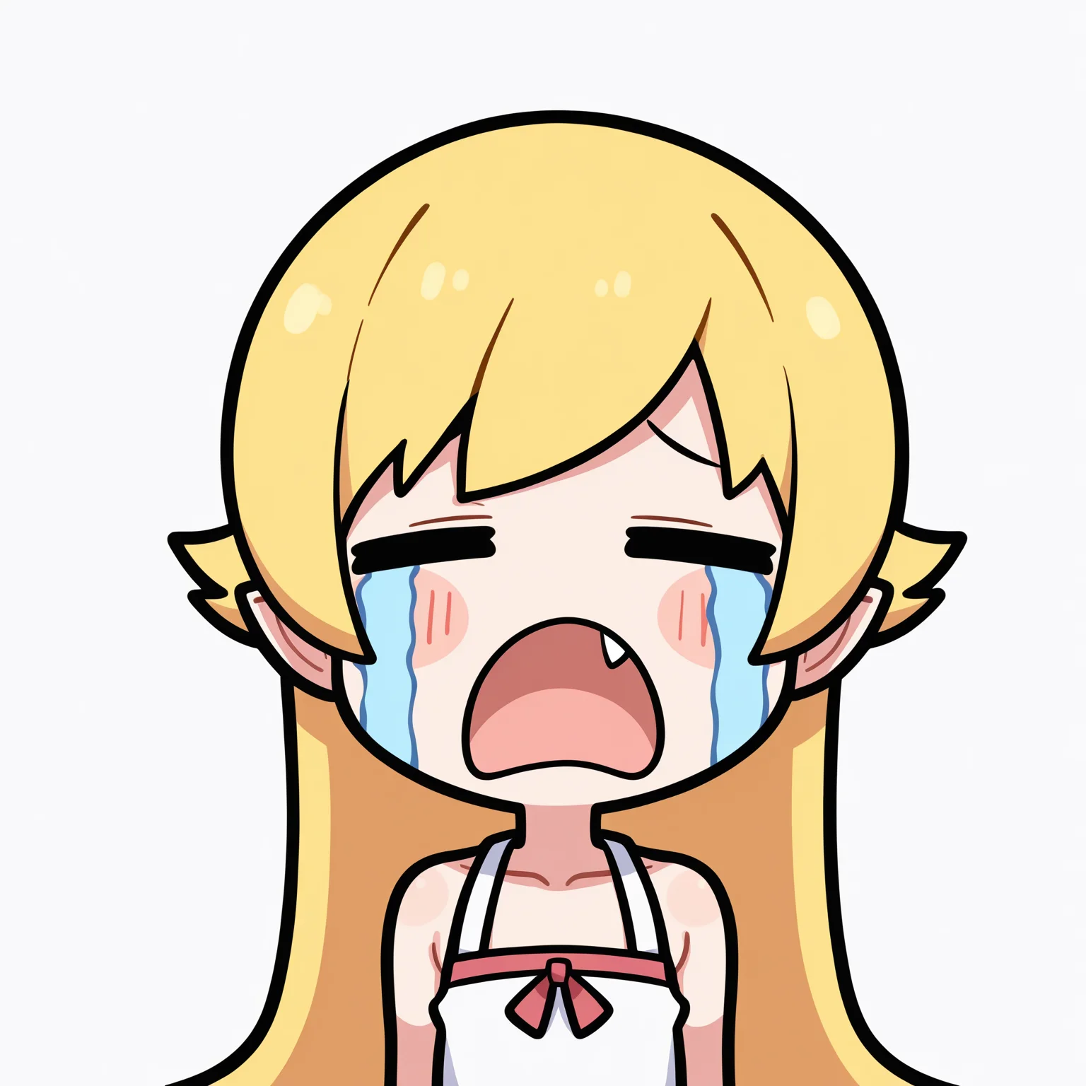 masterpiece, best quality, good quality,
uohhhhhhhhh! \(meme\), streaming tears, tongue, crying, meme, =_=, open mouth, tears,
oshino shinobu, 1girl, solo, long hair, simple background, blonde hair, white background, dress, bare shoulders, collarbone, upper body, sleeveless, pointy ears, fang, white dress, chibi, sleeveless dress, blush stickers, facing viewer
<lora:uoh_ill_v1:1>