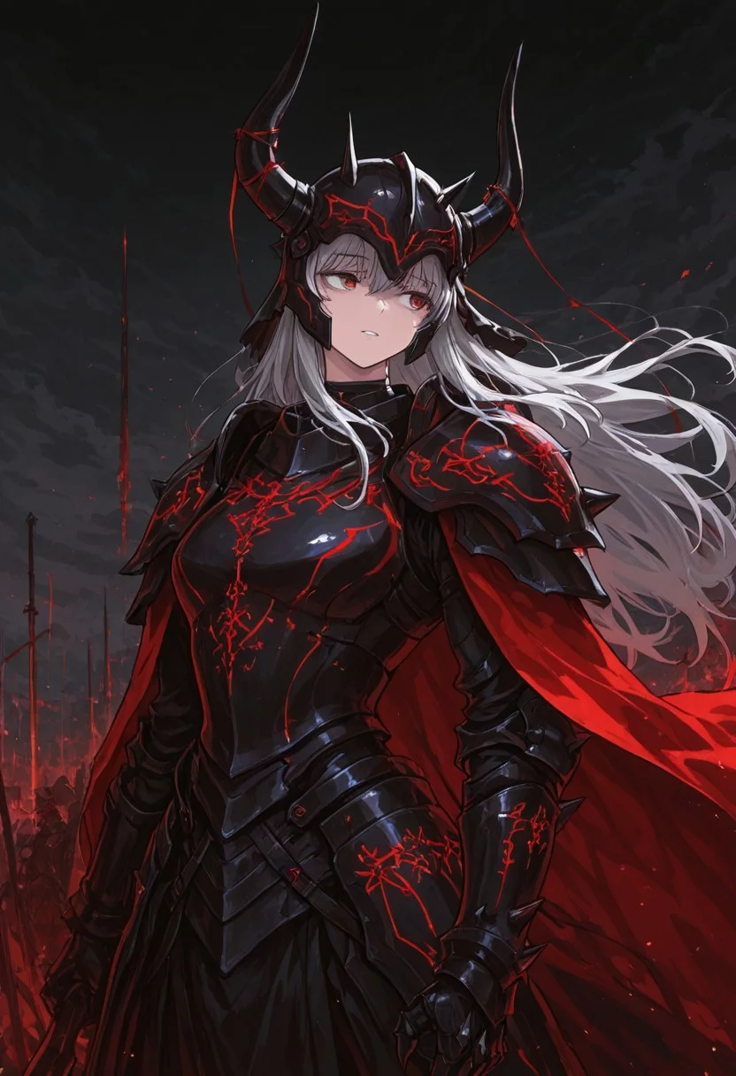 (masterpiece), (best quality), (ultra-detailed), amazing quality, very aesthetic, illustration, newest, upper body, colorful, vibrant, looking to the side, (oil painting:1.1), cinematic lighting, <lora:Avarice:1>, edgeofavarice, avarice, glowing silver runes, dark fantasy,
1girl, solo, cape, angelic_emblem_on_cape long sleeves, faulds, horned helmet, full_helmet, black and red armor, spiked armor, spiked gauntlets, spiked helmet, full_armor, full_plate_armor, winged_helmet, gold_armor, winged_shoulders, clawed_gauntlets, holy_emblem, segmented_faulds, tattered_cape, aura_of_hope, inspiring_presence, holy_glow, massive_blade, battlefield_setting, heavy_armor, silver hair