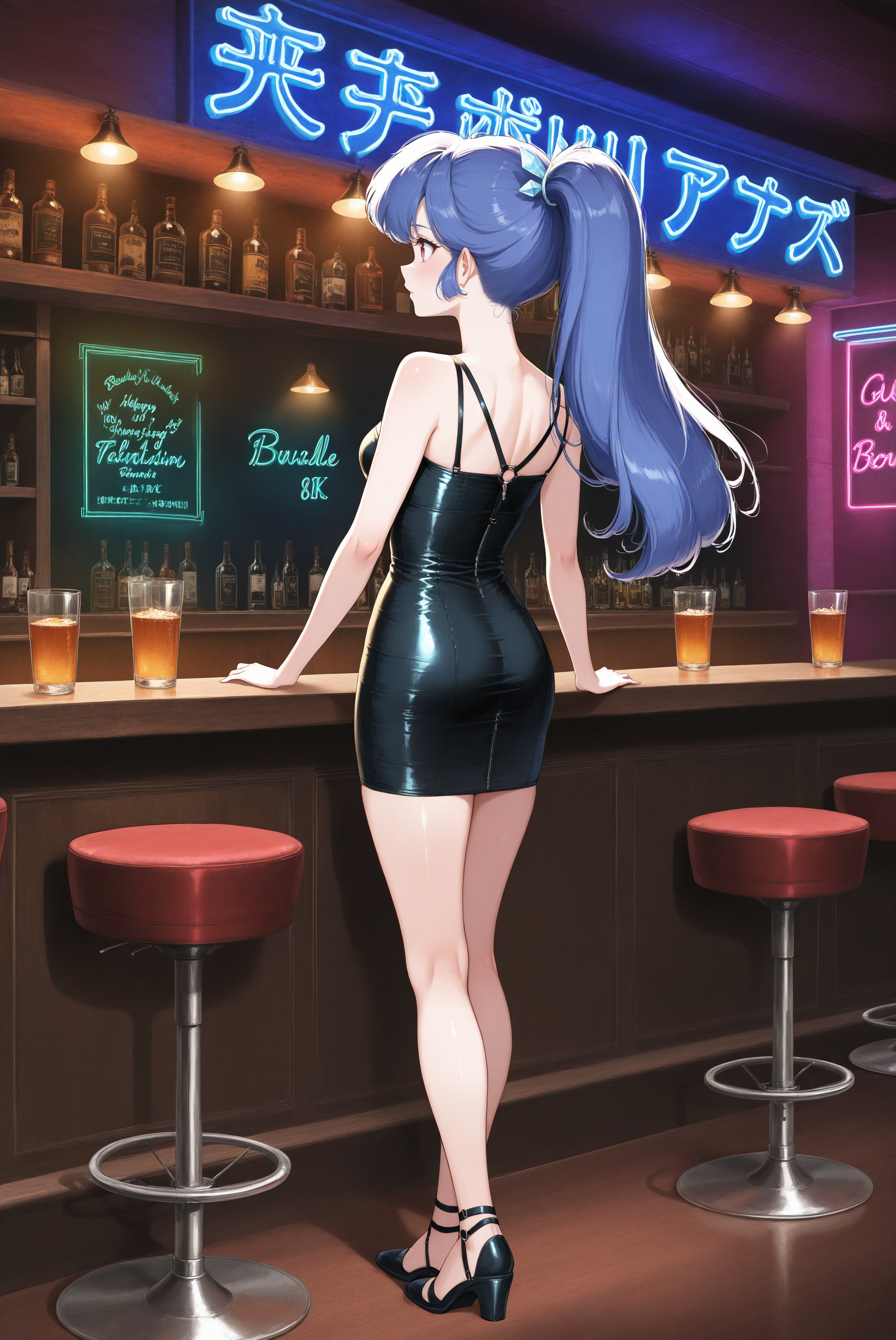 <lora:Oyuki_(1981):0.8> oyuki, long hair, blue hair, high ponytail, bangs, hair ornament, red eyes, retro artstyle, 1980s (style), 
happy, from behind, wide shot, looking at nothing, (1girl:2, solo:2), 
masterpiece, best quality, very aesthetic, absurdres, amazing quality masterpiece, hyper-detailed, (8k uhd::1.4), intense atmosphere, detailed clothing, dramatic lighting, (perfect hands), detailed face, 
<lora:BordelledressILL:0.7> bordelle dress, (strappy dress), harness, charcoal bordelle dress, <lora:1098 bar_v1_pony:1> ruanyi1098, bar \(place\), neon lights