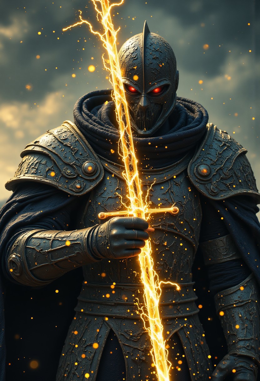 A knight with black armor, the black armor has golden coloured rune on it, the knight wear a demon like helmet with ruby red coloured eyes, the black knight holding a two-handed sword, the sword base color is silver and it has yellow lighting effect on it, the lightning effect is going upward to the sky like a thunder strike the sword, the black knight stood at the edge of the cliff, the focus is at knight and the lightning, (((at the bottom add text that says: "I am the honoured buzz knight"))),
score_9, score_8_up, score_7_up, score_6_up, source_anime, masterpiece, best quality, skindentation, anime artwork, intricately detailed photorealism, very detailed, highly detailed texture, cinematic illumination, volumetric lighting, detailed face, detailed skin, detailed eyes, rating_explicit, concept art, absurdres, highres, hd, ultra hd quality details, Expressiveh, solo focus, 1girl,