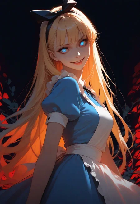 1girl, Alice in wonderland, evil smile, back lighting, dark, multicolored background, masterpiece, best quality, very aesthetic
