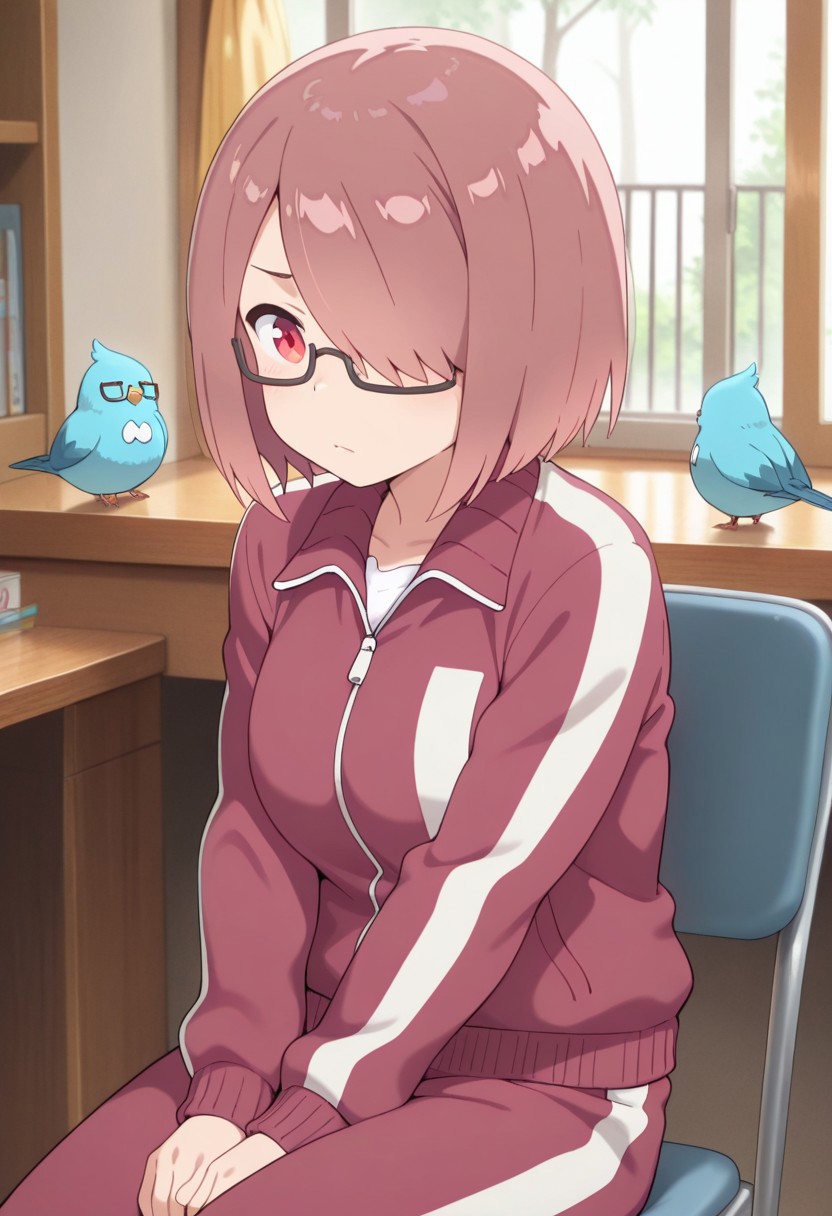 masterpiece,best quality,amazing quality, hoshino miyako, short hair, brown hair, red eyes, 1girl, glasses, hair over one eye, solo, jacket, chair, track jacket, indoors, sitting, semi-rimless eyewear, closed mouth, bird, under-rim eyewear, track suit