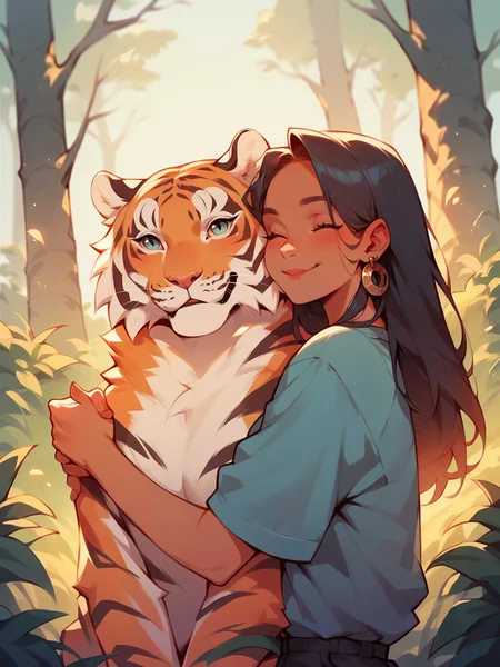 score_9, score_8_up, score_7_up, score_6_up, <lora:p3tl0v3XLP:1> p3tl0v3, 1girl, hugging tiger