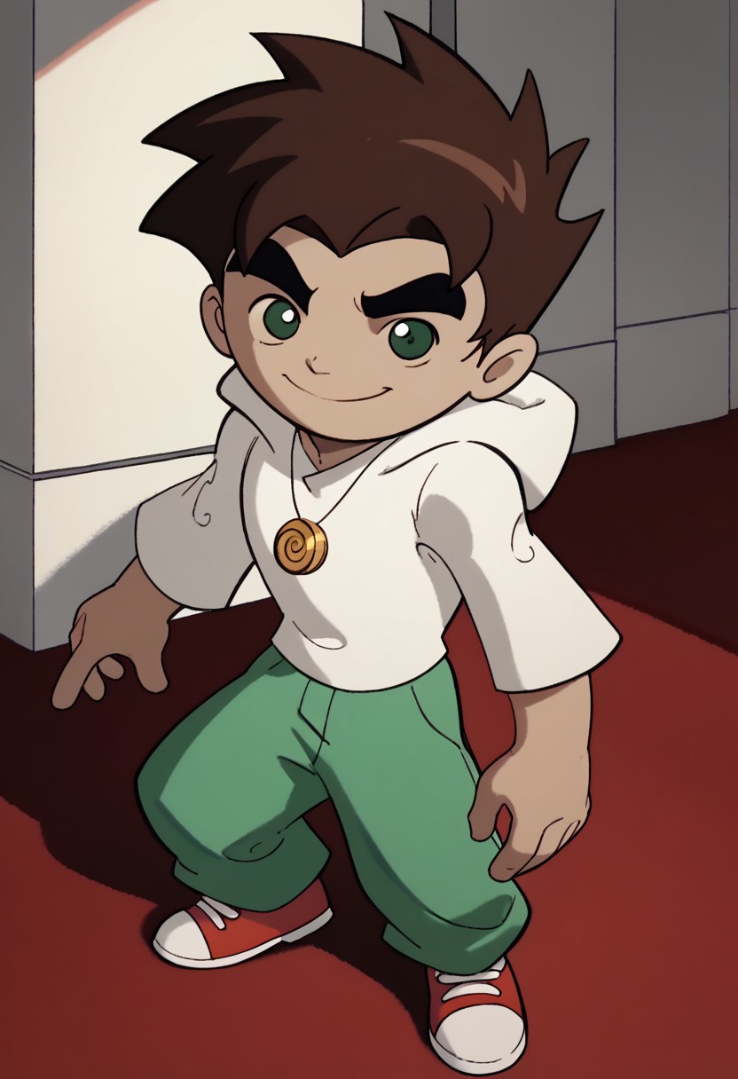 score_9, score_8_up, score_7_up BREAK RaiXS, 1boy, dark brown hair, dark green eyes, tan skin, gold spiral circle necklace, white hoodie, green pants, red white shoes, smiling at viewer,