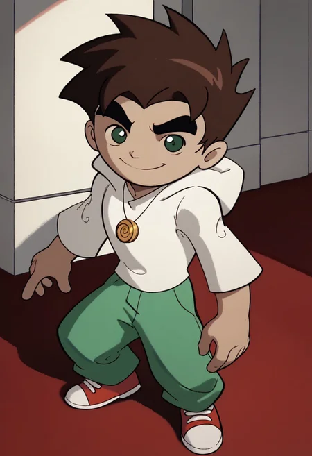 score_9, score_8_up, score_7_up BREAK RaiXS, 1boy, dark brown hair, dark green eyes, tan skin, gold spiral circle necklace, white hoodie, green pants, red white shoes, smiling at viewer,