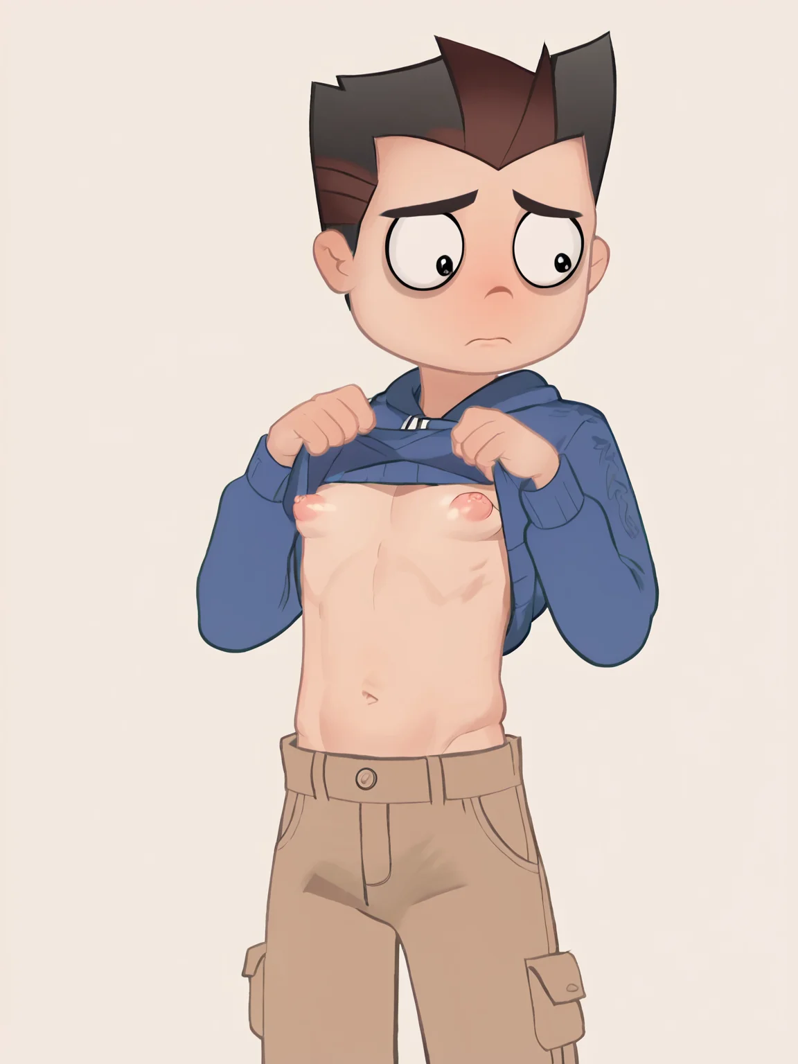score_9, score_8_up, score_7_up, score_6_up,highres <lora:guy_hamdon:1>,blue hoodie,beige cargo pants, solo,guy hamdon,spiked hair,black hair,parody,navel,shirt_lift,skinny,puffy nipples,shy