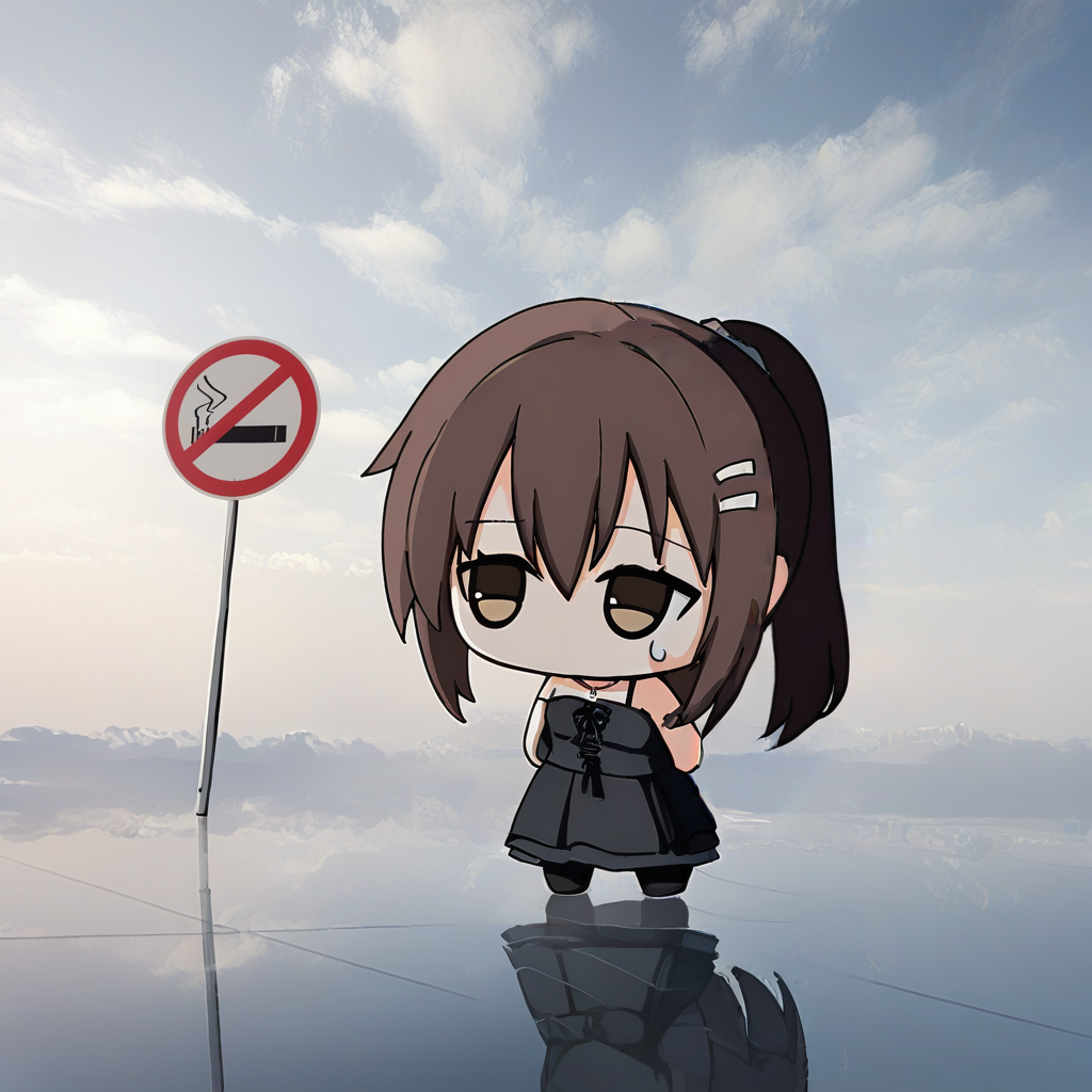 No smoking sign. 1girl, minakami yuki, reflective floor, spoken sweatdrop, black dress, black pantyhose, bare shoulders, necklace, cloudy sky, sky, imsgi nui,
very awa, masterpiece, best quality, very aesthetic, absurdres, highres