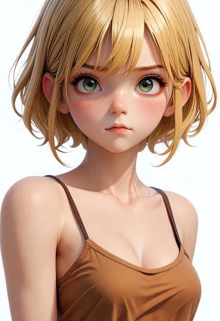 score_9,score_8_up,score_7_up, <lora:3d_render_pdxl_goofy:1>3d render, 1girl, :3, bare shoulders, blonde hair, blush, breasts, brown tank top, cleavage, collarbone, crop top, looking at viewer, short hair, simple background, solo, spaghetti strap, squinting, tank top, upper body, white background