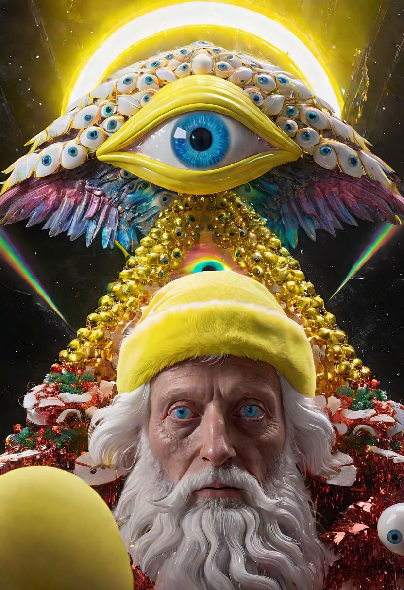 seraphins, mystical creature with hundreds of eyes and wings, impossibly beautiful portrait of alien shapeshifter entity, delivering presents with santa, ((yellow christmas hat)), intricate complexity, surreal horror, inverted neon rainbow drip paint, yellow accents,  photoreal, 8k, octane render by greg rutkowski