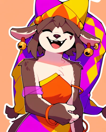 score_9_up, score_8_up, score_7_up, score_6_up, by remanedur, half-length portrait, heterochromia, furry female, eyes closed, female, furry, looking at viewer, solo, open mouth, laugh, jester, jester cap, fools hat, bell, striped, multicolored headwear, bracelet, jingle bell, earrings, bell ear ring, three-quarter view, head tilt, tail, bracelet, earrings, simple background, white outline, <lora:PDXL_artist_tags_v2_big:0.5> <lora:The-Minuscule-Task_PDXL_v1.0:0.6> <lora:Pitori_AutumnBloom11:1>