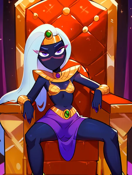 score_9, score_8_up, score_7_up, score_6_up, score_5_up, score_4_up <lora:Smooth Night Style SDXL_LoRA_Pony Diffusion V6 XL:0.7> <lora:Queen_Tyrahnee_PonyV5:1> queen tyr'ahnee, black_skin, martian, long_hair, purple_eyes, gold bra, on throne, purple wide skirt, crown, small breasts, spread legs, bare_thighs