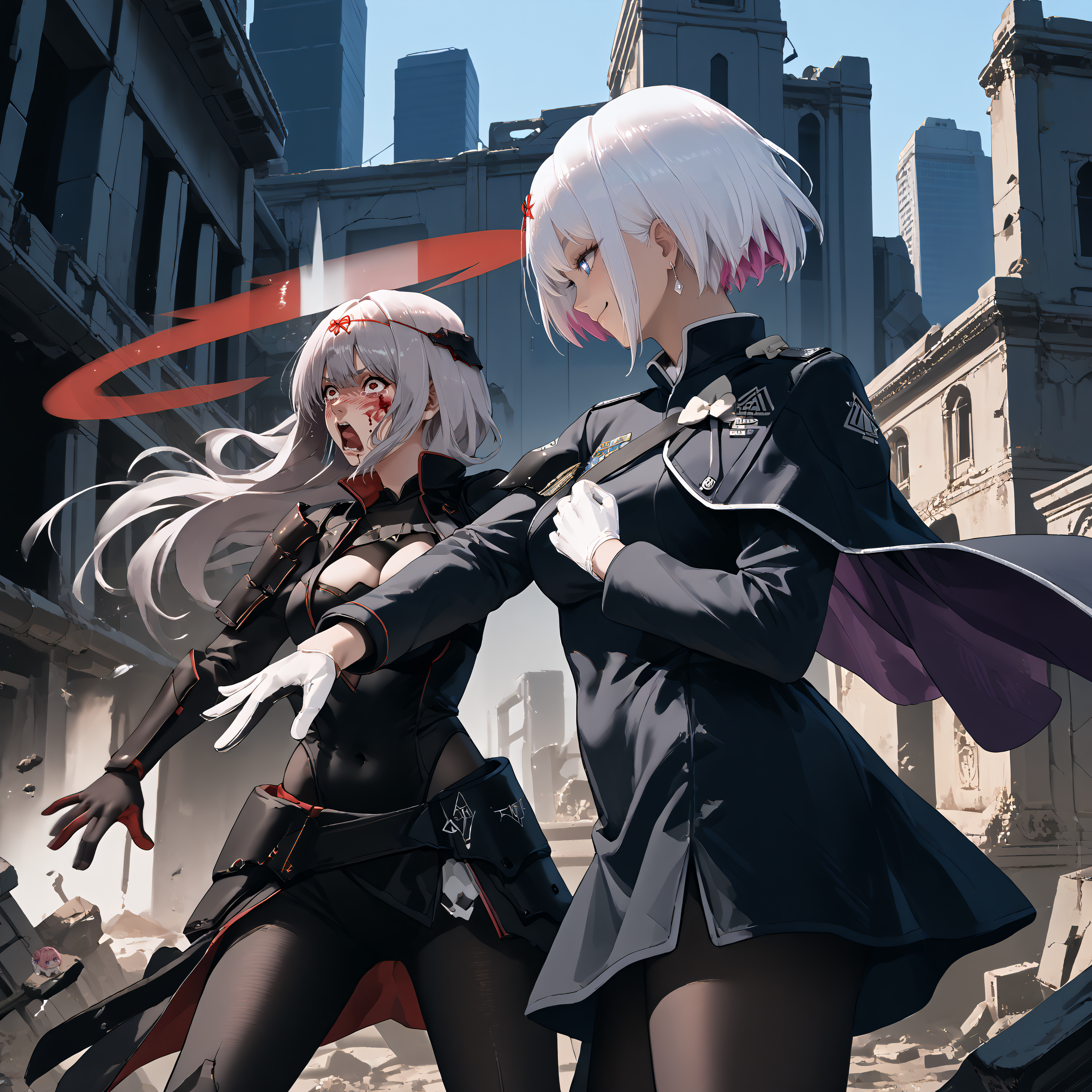 score_9, score_8_up , score_7_up, source_anime, 2girls,  <lora:WillSmithSlappingMeme_pdxl_Incrs_v1:0.55> slapping, motion lines, motion blur, city, ruins
BREAK <lora:scarlet-nikke-richy-v1_pdxl:0.9> scrltbs, red eyes, long hair, grey hair, bangs, halo, headgear, red hair ribbon, single shoulder armor, black bodysuit, cleavage, bodystocking, covered navel, black legwear, gloves, white hair, screaming
BREAK <lora:liliweiss_nikke_xypher_pdxl_v1:0.9> liliweissx, white hair, short hair, colored inner hair, blue eyes, symbol-shaped pupils, smile, closed mouth, earrings, military uniform, long sleeves, black dress, pencil skirt, side cape, white bow, black pantyhose, white gloves, wide hips