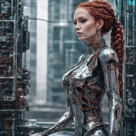 girl, woman, age 32, red hair, braided hair, full body, asymmetrical fashion, wearing loose dress, wearing a crystalline circuit board style pendant, detailed face, realistic, exposed circuitry, android, scifi fantasy scene setting, scifi, cyborg, posing, hydraulic pistons, playful, feminine form