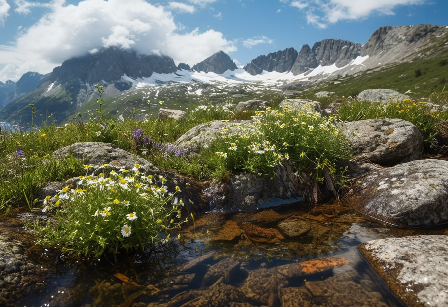 (no human:1.18), scenic wide open alpine landscape, flowering juicy mountain meadow at springtime, Scandinavian Mountains(butterflies:0.96), group of  birch trees, big rocks tered, puddles of melting snow flowing into a trickle, (Fragrant herbs) Sprigs of rosemary, thyme, and chamomile, in a  bouquet,  
(Mountain wildflowers: Edelweiss (Leontopodium alpinum) 
(dark clouds above:1.18)
(High-key lighting, a bright, evenly lit scene, gentle, diffused light, soft, airy tones, a cheerful, uplifting mood)(trending:1.1) (masterpiece:1.2), (RAW:0.75),subsurface tering,high definition,  <lora:sdxl\zy_Realism_Enhancer_v1.safetensors:0.85:0.18>  p4,s20