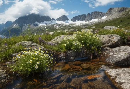(no human:1.18), scenic wide open alpine landscape, flowering juicy mountain meadow at springtime, Scandinavian Mountains(butterflies:0.96), group of birch trees, big rocks tered, puddles of melting snow flowing into a trickle, (Fragrant herbs) Sprigs of rosemary, thyme, and chamomile, in a bouquet,
(Mountain wildflowers: Edelweiss (Leontopodium alpinum)
(dark clouds above:1.18)
(High-key lighting, a bright, evenly lit scene, gentle, diffused light, soft, airy tones, a cheerful, uplifting mood)(trending:1.1) (masterpiece:1.2), (RAW:0.75),subsurface tering,high definition, <lora:sdxl\zy_Realism_Enhancer_v1.safetensors:0.85:0.18> p4,s20