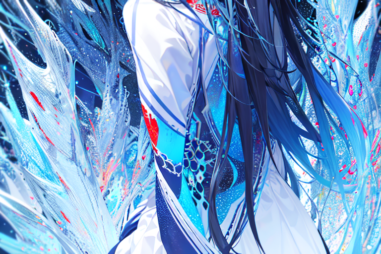 highly insanely detailed, masterpiece, top quality, best quality, highres, 4k, 8k, RAW photo, (very aesthetic, beautiful and aesthetic),  
(code_style,codestyle), 
<lora:CodeStyle (half generic class)_564920:0>, 
(1girl:1.3), 1other, 
ice blue background,white and red background,(colored digital glitch background,color bokeh background),âââ