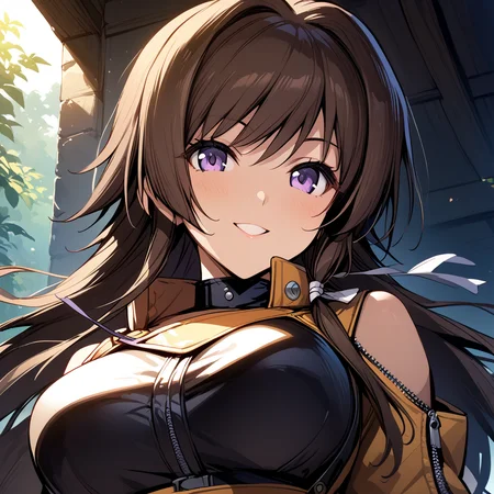 takamura yui, 1girl, long hair, large breasts, originaloutfit, smile, looking at viewer, portrait, <lora:Takamura_Yui_v2:1>, (masterpiece),(best quality),(ultra-detailed),(best illustration),(best shadow),(absurdres),(detailed background),(very aesthetic),
