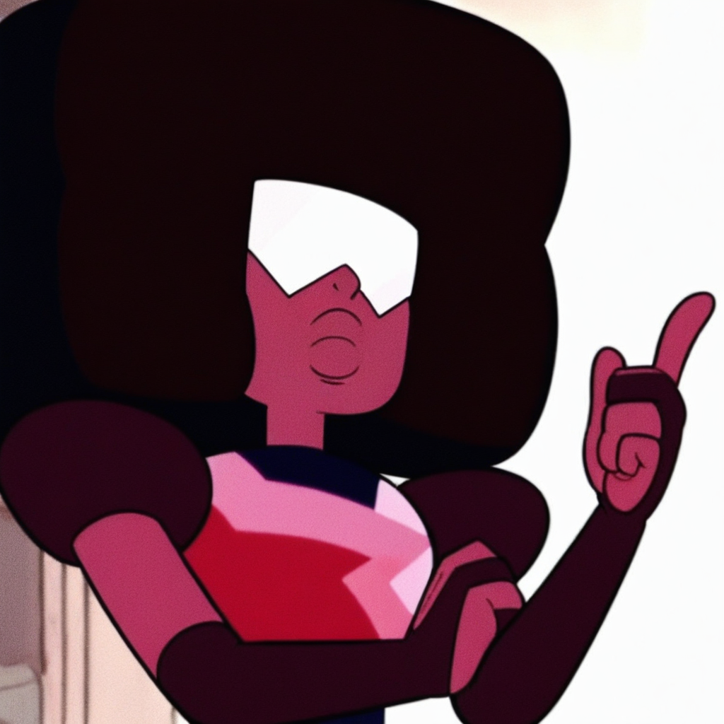 thick lips, black hair, multi colored bodysuit, Garnet, red skin, shoulder pads, 1girl, glasses, cube shaped Afro, long gloves