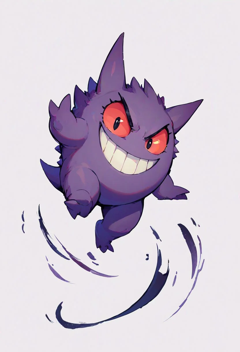 score_9, score_8_up, score_8,
gengar, solo, no humans, red sclera, v-shaped eyebrows, black eyes, evil smile,
floating, looking at viewer, white background,