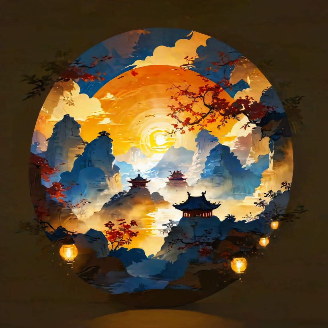 SoraSleepAI,  <lora:sdxl_lightning_8step_lora:1>, masterpiece,  <lora:lora:1.0> Circle, Chinese style, landscape, studio lighting, Sun in the sky