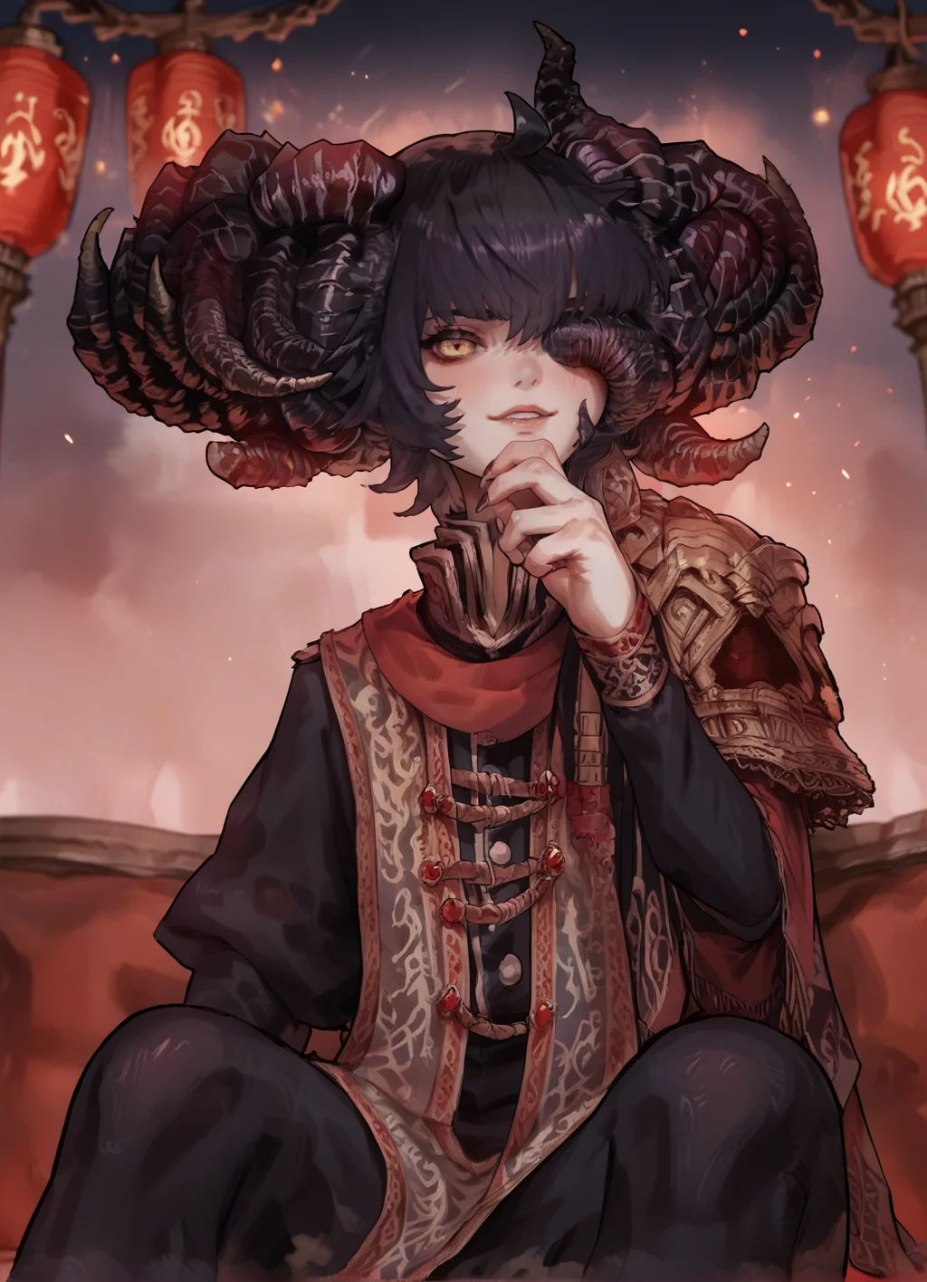 Action Figure of score_9, score_8_up, score_7_up, source_anime,score_6, sitting,blush, black skin, lights,blurred background, mohg lord of blood, (fog:1.2),blood, solo,horns, <lora:Mohg_Lord_of_Blood:1>