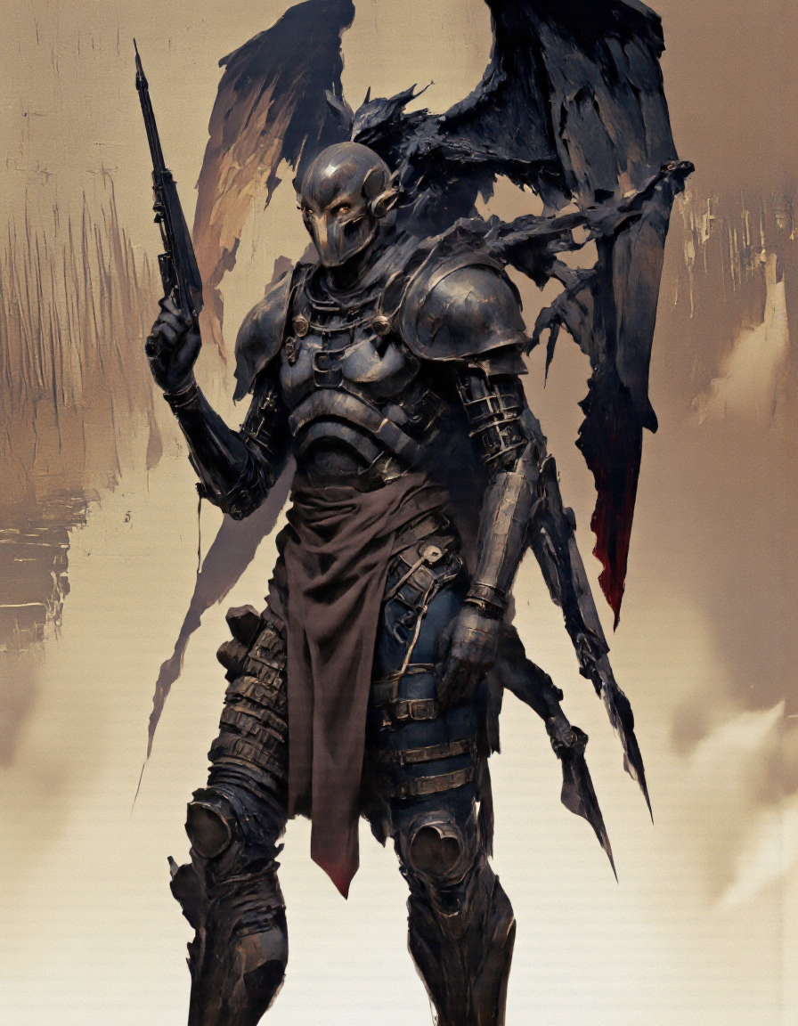 Art by Piotr JabÅoÅski. A digital illustration shoot from a slightly angled perspective about a stylized, stylized illustration of a humanoid figure in a dark, armored suit holding a gun, standing confidently in the middle of the image. the figure, who appears to be a humanoid with a muscular build and a stern expression, is positioned in the center of the frame, facing away from the viewer. it is wearing a full-body armor with intricate details, including a helmet, shoulder armor, and pauldrons, and holding a large, menacing weapon in its right hand. the armor is highly detailed and has a metallic sheen, giving it a sleek, metallic appearance. the background is a gradient of warm tones, with a rough, textured surface that adds depth and dimension to the image, creating a sense of depth and atmosphere. the character's body is slim and muscular, and its eyes are glowing with a menacing intensity, adding to the ominous atmosphere of the scene. in the background, another figure with a humanoid form is positioned behind the character, its large, feathered wings and sharp claws adding to its menacing presence.