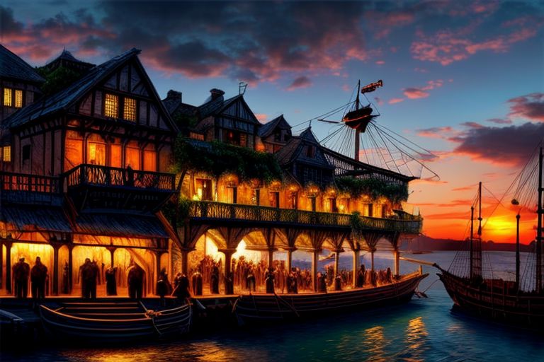 (masterpiece:1.2), (best quality,:1.2), 8k, HDR, ultra detailed, ((photorealistic)), perfect anatomy, professional light, cinematic lighting, fashion photography, ambient lighting, pire, ships, pier outside a tavern over looking a busy harbor in the caribbean, colorful sunset