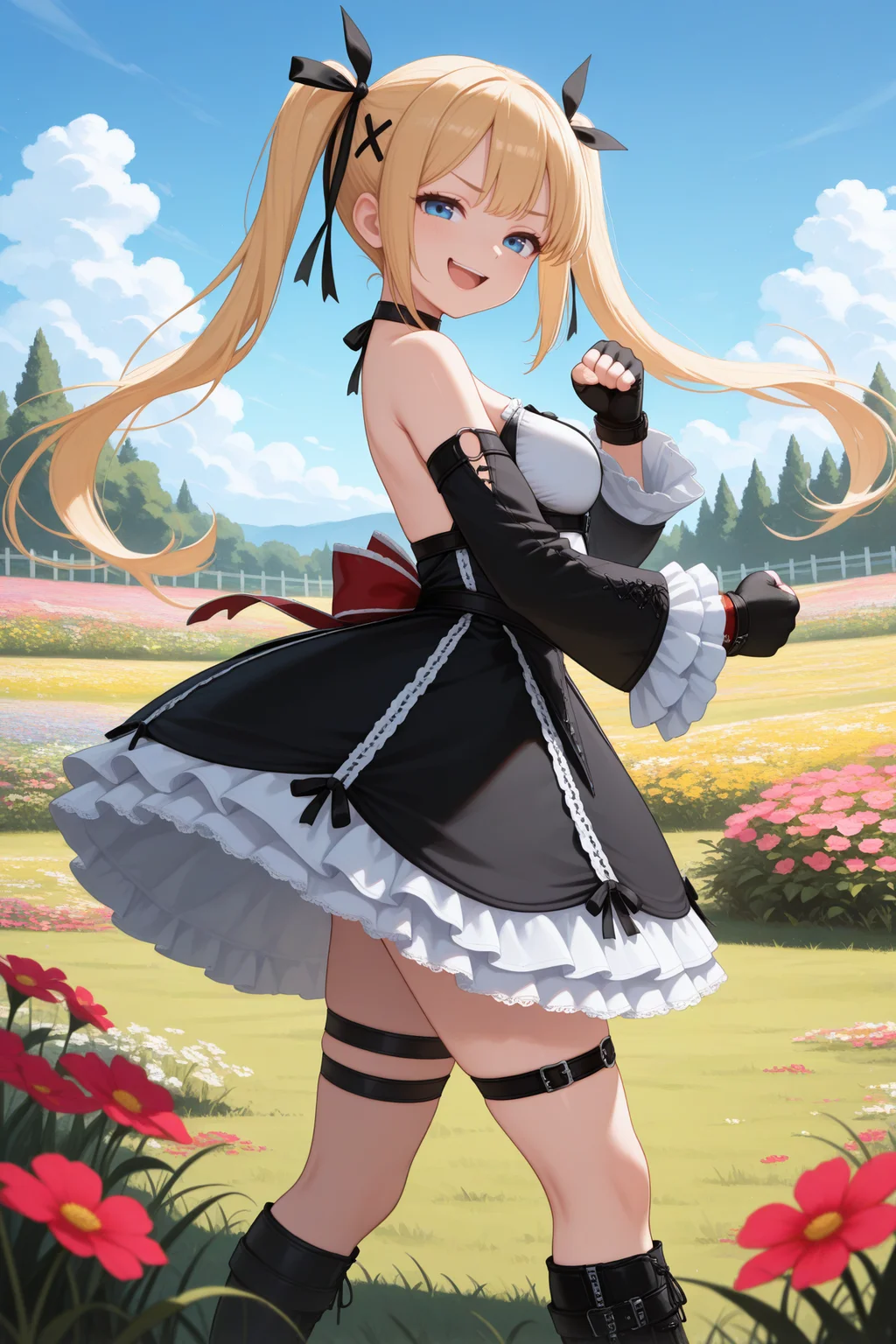 masterpiece, best quality, 1girl, solo <lora:marierose-illu-nvwls-v1-000006:1> mrirs, blonde hair, twintails, long hair, blue eyes, black ribbon, hair ribbon, x hair ornament, choker, harness, frilled dress, gothic dress, two-tone dress, detached sleeves, frilled sleeves, black gloves, fingerless gloves, thigh strap, black boots, platform boots, happy, smug, open mouth, smile, fighting stance, clenched hands, looking at viewer, from side, grass, field, garden, flowers, blue sky, medium breasts