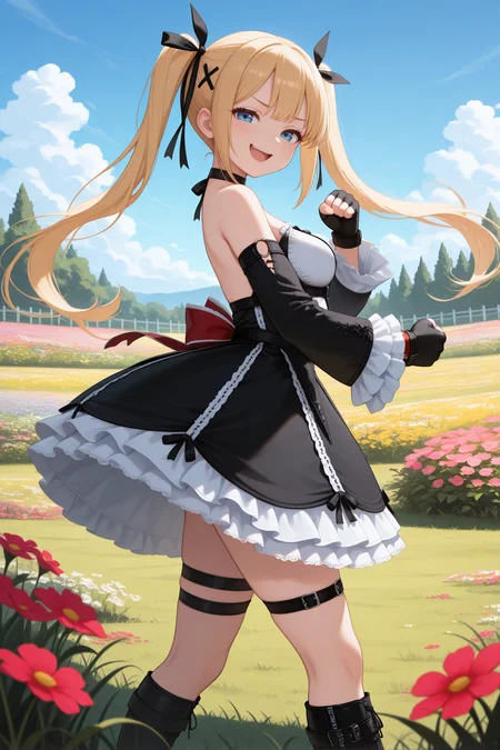 masterpiece, best quality, 1girl, solo <lora:marierose-illu-nvwls-v1-000006:1> mrirs, blonde hair, twintails, long hair, blue eyes, black ribbon, hair ribbon, x hair ornament, choker, harness, frilled dress, gothic dress, two-tone dress, detached sleeves, frilled sleeves, black gloves, fingerless gloves, thigh strap, black boots, platform boots, happy, smug, open mouth, smile, fighting stance, clenched hands, looking at viewer, from side, grass, field, garden, flowers, blue sky, medium breasts