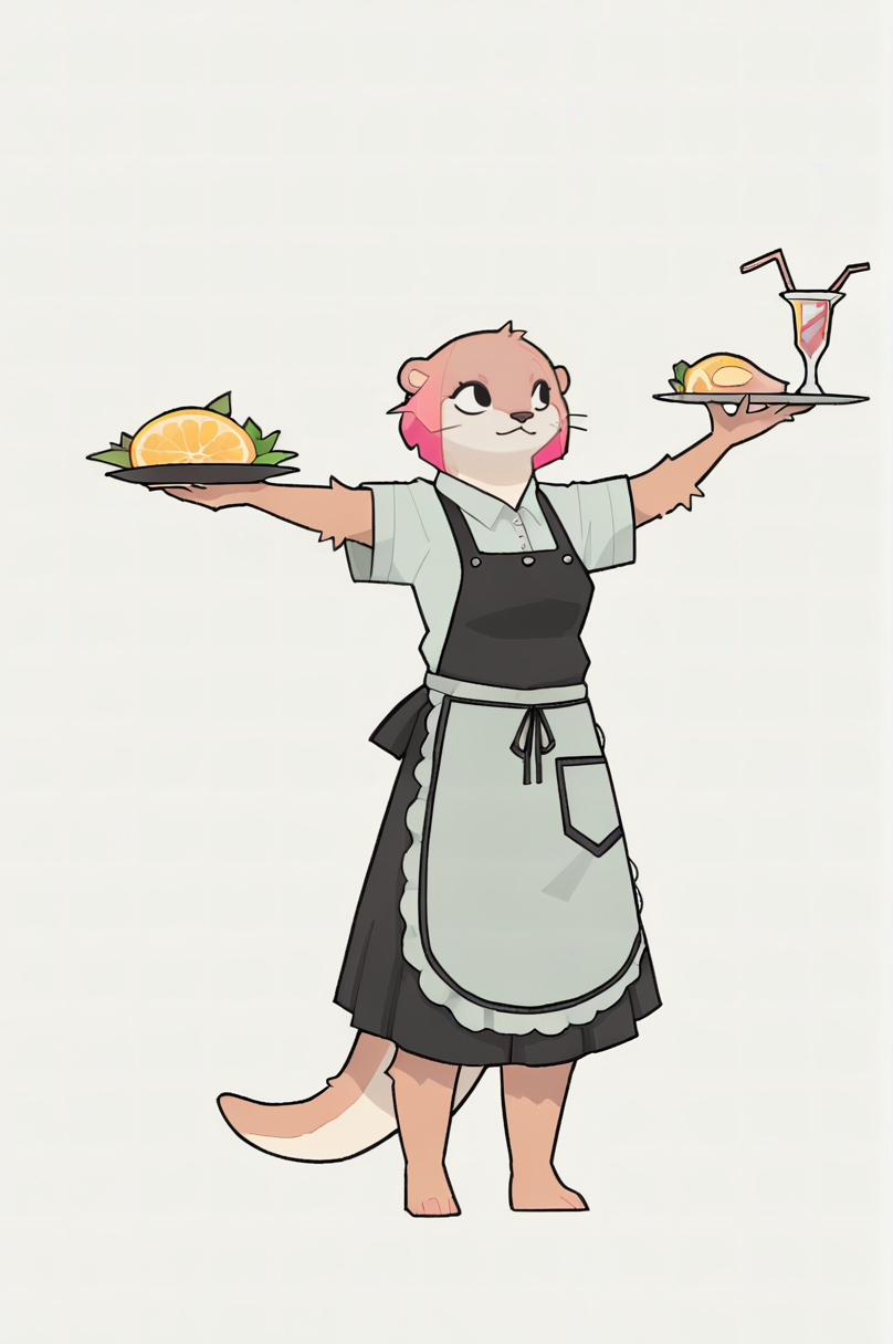 (score_9, score_8_up, score_7_up, score_6_up, score_5_up, score_4_up), anime lineart, BREAK (multiple views, before and after), standing, Hands Stretched Up, Armpit Crease, 1girl,      BREAK (furry, anthro, furry girl), (furry skin:1.2), (otter girl), fluffy skin, (rainbow skin, colored skin), animal tail, animal ears, mature body, pink hair, short hair, pointy     chubby body, body freakles, BREAK             waitress, apron, uniform, lemon skirt, short sleeves,  in a restaurant, <lora:Squeaky_Style_XL_Pony_SingleShot:0.9>, squeakystyle, <lora:dnd_flat:0.7>, dnd
