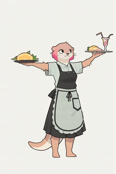 (score_9, score_8_up, score_7_up, score_6_up, score_5_up, score_4_up), anime lineart, BREAK (multiple views, before and after), standing, Hands Stretched Up, Armpit Crease, 1girl,      BREAK (furry, anthro, furry girl), (furry skin:1.2), (otter girl), fluffy skin, (rainbow skin, colored skin), animal tail, animal ears, mature body, pink hair, short hair, pointy     chubby body, body freakles, BREAK             waitress, apron, uniform, lemon skirt, short sleeves,  in a restaurant, <lora:Squeaky_Style_XL_Pony_SingleShot:0.9>, squeakystyle, <lora:dnd_flat:0.7>, dnd