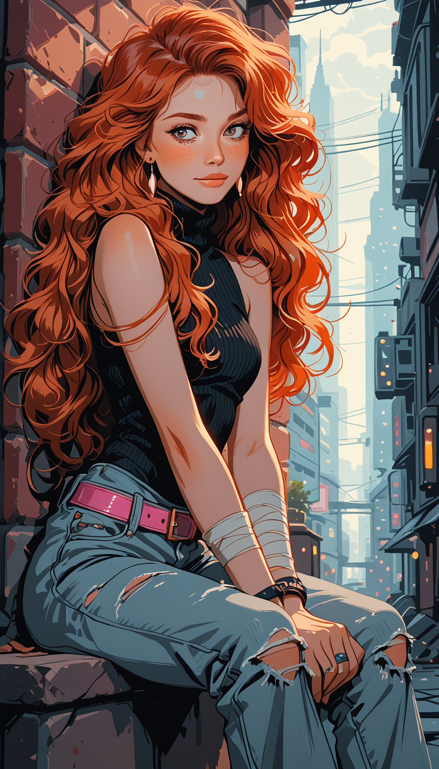 masterpiece, Shinkaistyle,
pinkretroanime, retro art,
Cyberpunk Style, cyberpunk, science fiction, hi tech, future tech, neon, (Cybernetics:1.25), (Neon Cityscape:1.4), (lineless:1.5), smooth edges, (lighten the face:1.5), tall body, slender body, fit body, long legs, This is a digital artwork featuring an illustrated character with red hair and fair skin. The character has freckles on their cheeks and shoulders, and their hair is styled in loose curls that fall around their face. They are wearing a black top with a round neckline, adorned with a collar that suggests it could be part of a costume or uniform. The sleeves are rolled up to the elbows, revealing tattoos on both arms. The character is seated against a brick wall, leaning slightly forward with one arm resting on their knee and the other hand holding onto a metal chain attached to a cuff around their wrist. The chain has a spiky design along its length. The character's expression is serious but contemplative. The background of the artwork is simple yet complementary. It consists of a muted gray tone with a soft gradient that suggests an overcast sky or indoor lighting with warm tones. A window is visible behind the character, allowing natural light to filter into the space. The overall color palette is rich and earthy, with reds being the dominant hue in the artwork, reflected in the character's hair and the brickwork of the wall. The character stands out against this backdrop due to their vibrant attire and distinctive features., 1girl, solo, long hair, breasts, looking at viewer, blush, smile, bangs, blue eyes, brown hair, shirt, bare shoulders, jewelry, medium breasts, sitting, very long hair, closed mouth, green eyes, red hair, earrings, small breasts, outdoors, sleeveless, day, belt, pants, orange hair, bracelet, from side, sweater, leotard, lips, looking to the side, grey eyes, torn clothes, bare arms, black shirt, eyelashes, sleeveless shirt, feet out of frame, turtleneck, highleg, wavy hair, looking away, bandages, expressionless, sunlight, ring, own hands together, light smile, denim, casual, wristband, black leotard, armlet, between legs, highleg leotard, ribbed sweater, freckles, curly hair, v arms, hand between legs, jeans, pink lips, bandaged arm, nose, blue pants, against wall, midriff peek, wall, grey pants, brick wall, leotard under clothes, torn pants, hands on lap, arm wrap, stone wall, torn jeans