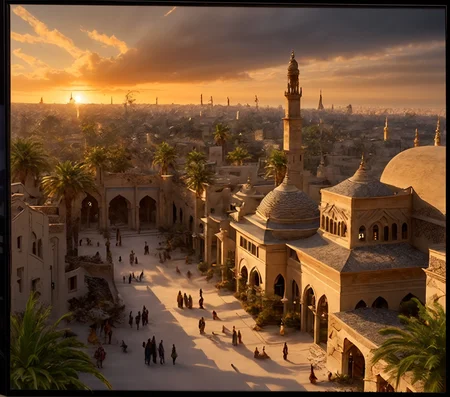 RAW photo, (masterpiece:1.3), subsurface scattering, heavy shadow, (high quality:1.4), (intricate, high detail:1.2), professional photography, HDR, High Dynamic Range, realistic, ultra realistic, photorealistic, high resolution, film photography, ambient lighting, atmospheric effects, <lora:detail_slider_v4:2>, OverallDetail,   <lora:Arabian_Town:1>, artow,6+boys, architecture, artow, building, castle, city, cloud, day, no humans, outdoors, palm tree, plant, potted plant, scenery, sky, sunset, traditional media, tree, epiCPhoto