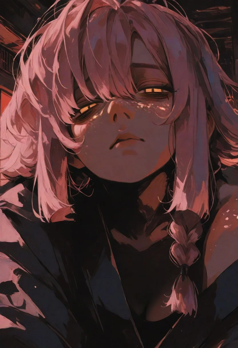 masterpiece,best quality,amazing quality,very aesthetic,newest,ultra detail, (score_9,score_8_up,score_7_up,score_6_up,rating_safe),hyper-detailed,ultra HD,cinematic lighting,(maeve:2.0),young  with an asymmetrical hairstyle,(one eye covered by hair), (head tilted back), (chin raised), (neck exposed), (looking upward), (asymmetrical bangs),(long braids:1.2) ,(looking at viewer:1.5),(pink hair:1.5),(deep emotional connection:1.4),(detailed facial features:1.4),(no fusion,no deformities,correct anatomy:1.5),sexy pose,dynamic pose,(yellow eyes:1.5), (glowing eyes:1.5),(Cat pupils:2.0),Detailed eyes, (white freckles),(glowing freckles:2.0),wild and swaying hair, small breasts,(bare shoulder:1.5),(Hanging breasts),(black kimono:1.5),kimono open,(cleavage),(Tired expression:2.0),(dark circles under the eyes:2.0), (Sleeping face:1.5),(deeply distressed:1.5),(squinting eyes:1.5),tabi,Calf,plump lips,(Sitting:1.5),side locks,makeup,floral print,(front-facing, direct view:1.5),(eyes close-up, eye focus:1.8),Warm crimson ambient light, light that illuminates maeve dimlylight,<lora:illustrious_all_rated_v1:0.5><lora:ppw_v7_noobE11_6_r2_0.05:0.6><lora:nhl-001:0.6> nhl-001,limited palette,realistic,BREAK
Japanese house, Moody lighting,<lora:wasabi_natsume_style_r1:0.8> wasabi_natsume_illu,abstract, surreal,<lora:748cm_illu:0.4> 7481llu