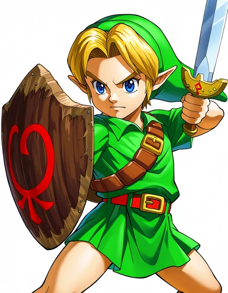 (ootylink), young link, 1boy, the legend of zelda: ocarina of time, official art, solo, male focus, fighting stance, legs apart, standing, left-handed, collared shirt, green tunic, green headwear, green pleated skirt, microskirt, shoulder belt, blue eyes, closed mouth, blonde hair, cowboy shot, white background, masterpiece, best quality, absurdres, BREAK,
holding shield, deku shield, BREAK,
((holding sword, kokiri sword)),
<lora:ootylinkil:0.75>
