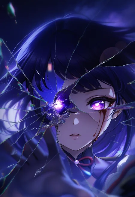 abstract, disintegration, masterpiece, best quality, solo, glitch, glitching, aesthetic, 8k, ethereal lighting, purple, nighttime, darkness, surreal art, fantasy, spot color, blue and black theme, dark, sad, parted lips, floating hair, gothic, flora, black and thick liquid, fog, underlighting, bokeh, blurry background, strong visual impact, film lighting, raiden shogun, <lora:TCV_illusXL_Incrs_v2:0.4>, different reflection, (glass, breaking, shatter:1.2), reflection, glass shards, broken glass, reaching towards viewer, shatter across face, blood from eyes, split, glass over on eye, close-up, glass across face, glowing eye,