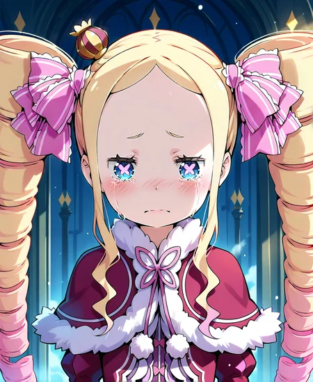 beatrice_\(re:zero\), 1girl, solo, long_hair, blush, blue_eyes, blonde_hair, bow, ribbon, closed_mouth, twintails, upper_body, hair_ribbon, sidelocks, hair_bow, tears, symbol-shaped_pupils, fur_trim, capelet, drill_hair, crying, crown, pink_bow, twin_drills, pom_pom_\(clothes\), pink_ribbon, crying_with_eyes_open, mini_crown, red_capelet, fur-trimmed_capelet, <lora:se_beatrice_re_zero:1>