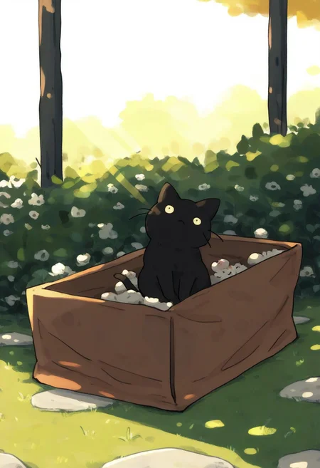 chii-kun \(seedyoulater\), naguru \(cyoroama\),
very awa, masterpiece, highres, absurdres, newest, year 2024, year 2023,
(cat:1.2), black cat, (no humans:1.1), scared, paws, fur, (cute:1.2), comfy, solo, standing, hunting,
garden, in a box, OO,
day, sunlight, sunrays,
<lora:TA_trained:0.75>, <lora:ponyv4_noob1_2_adamW-000017:0.33>, <lora:shiroski:0.75>,