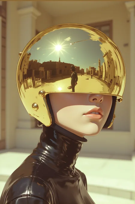 a person wearing a shiny gold helmet with a reflective visor that covers their eyes the reflection on the visor shows a cityscape and a figure standing in the distance the person is dressed in a black leather outfit with a high collar giving them a futuristic and stylish appearance the background is blurred but appears to be an urban setting with buildings and possibly a plaza the lighting is bright suggesting it is daytime and the overall image has a modern and sleek aesthetic
j_art, anime, anime art, <lora:FLUX\jul\J_Anime:1.0>, <lora:FLUX\Anime Art V3:0.1>, <lora:FLUX\RM_Artistify_v1.0M:0.1>, <lora:FLUX\RetroAnimeS1.1:0.1>
