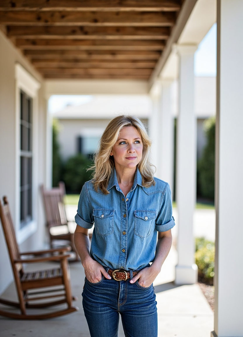 SFW, brightly lit, young, The image is a portrait of a woman standing on a porch with a wooden pergola. She is wearing a denim shirt with a button-down collar and blue jeans. She has a brown belt around her waist and her hands are in her pockets. The woman has blonde hair styled in loose waves and is looking off to the side with a slight smile on her face. In the background, there is a wooden rocking chair and a white wall with a window. The sky is blue and the grass is green, suggesting that the photo was taken during the day., aidmaimageupgrader<lora:flux\custom\celebrity\lisa-hartman.safetensors:1.0:1.0> <lora:turbo-8-step-flux.safetensors:0.5:0.5> <lora:flux\style\Common\aidmaImageUprader-FLUX-v0.3.safetensors:0.25:0.25>