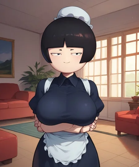 score_9,score_8_up,score_7_up,score_6_up,best quality,masterpiece,background is living room, standing, (facing viewer:1.3), front view, BREAK 1girl, puppet girl, doll joints, maid apron,maid cap, dress, black hair, short puppet bobcut, bangs, blunt bangs, black eyes,solo, short hair , slit eyes, smiling, closed mouth, large breasts, white skin, arms folded under breasts, happy