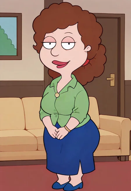 score_9, score_8_up, score_7_up, score_6_up, high quality, rounded eyes, style parody, cartoon style, 1girl, solo, living room, couch, indoors,
BREAK
unnamed girl, brown hair, black eyes, (mature female:1.5), (plump:1.2), large breasts, gigantic ass, gigantic hips, green sweater, rolled up sleeves, blue skirt, navy blue shoes, own hand together, smile, looking at viewer, long skirt, half-closed eyes, necklace,
