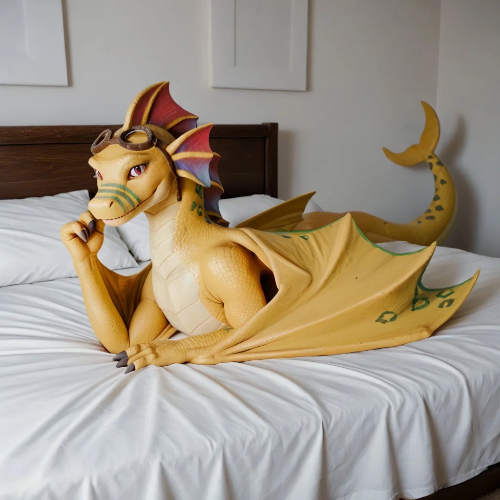 core_9, score_8_up, score_7_up, score_6_up, masterpiece, high quality, realistic, detailed, best quality, 1girl, solo, rating_safe, source_furry, bedroom, smiling, seductive, looking at viewer, lying on bed, negative_hand, on bed, Adine_awsw, dragon, (wyvern:1.2), green stripes on snout, head fins, crescent shaped tail tip, green spots on scales, green spots on wings, yellow scales, scales, wings, tail, female, red eyes, feral, goggles, goggles on head, full body