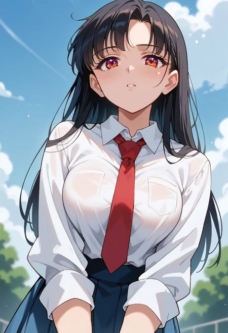 score_9, score_8_up, score_7_up,source_anime, best quality, masterpiece, full detailed, clear skin, high res, cinematic light, perfect face, beautiful woman, perfect body shape, score_6_up, score_5_up, 1girl, (blurred background), (dramatic lighting)
slrmn,
long hair, black hair, brown eyes, large breast, thigh,
school uniform, red tie, blue skirt,
sad face, staring at viewer, hair tucking, bending body forward,
blue sky, cloud, upper body shot, from below,