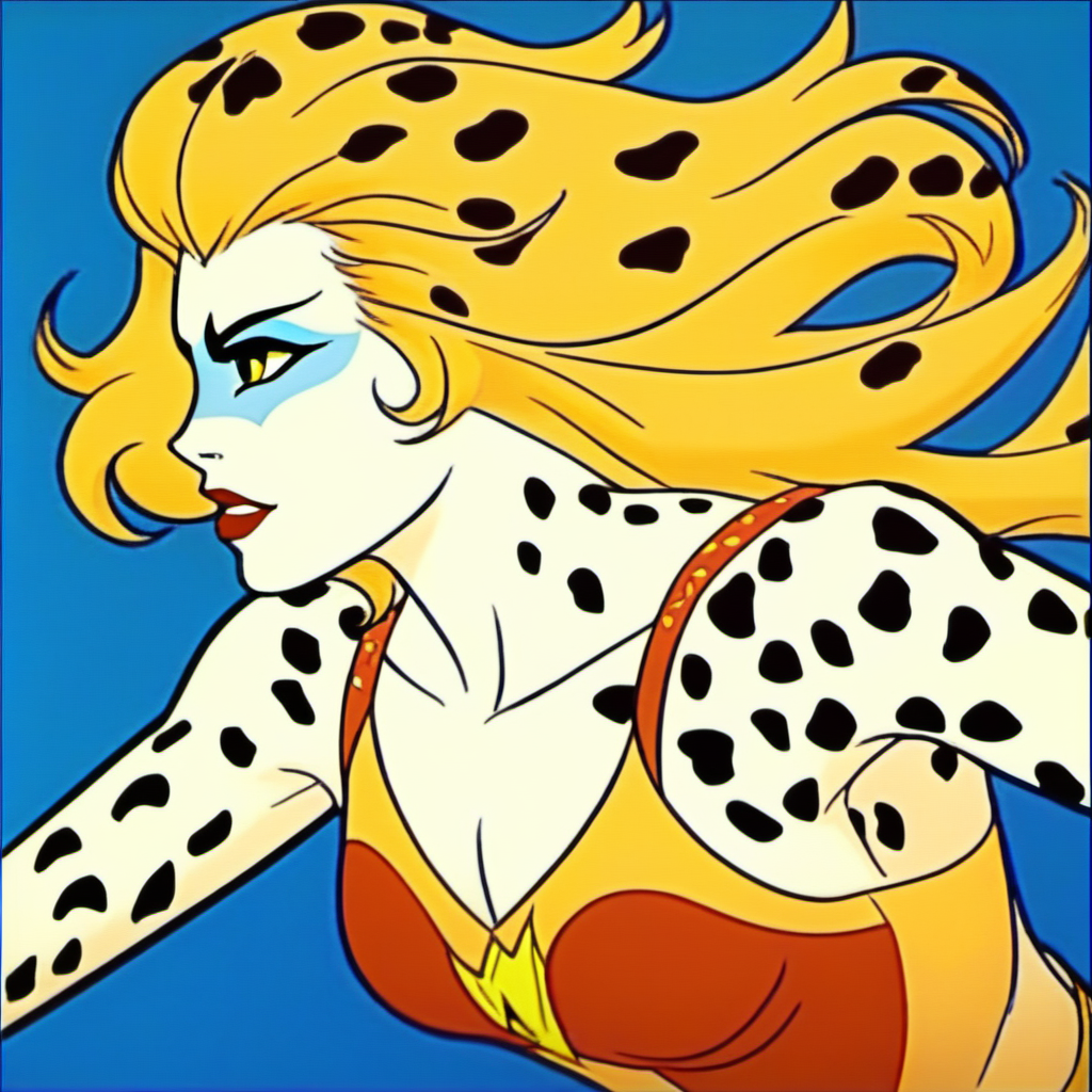 CheetaraQuiron character, solo, long hair, blonde hair,  yellow eyes,  parted lips, profile, makeup, blue background, parody, lipstick, style parody, facepaint,<lora:SDXL1.0_quiron_Cheetara_v4p_Lora:1>