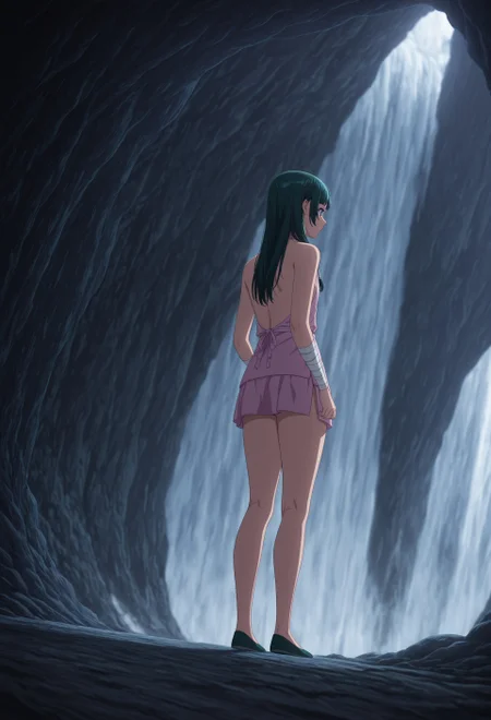 masterpiece, best quality, amazing quality, very aesthetic, absurdres, dynamic angle, ultra-detailed, highly detailed, cinematic lighting, realistic shading, intricate details, soft lighting, high contrast, depth of field, perspective, full body, outdoors, waterfall, cave, standing, ADDULMao2, 1girl, green hair, blue eyes, flat chest, THOLhairstyle, official alternate hairstyle, long hair, low twintails, white hair tubes, hair over shoulder, parted bangs, hair down, official alternate costume, pink dudou, bare back, bandaged arm, bandages, pink microskirt, green flats,