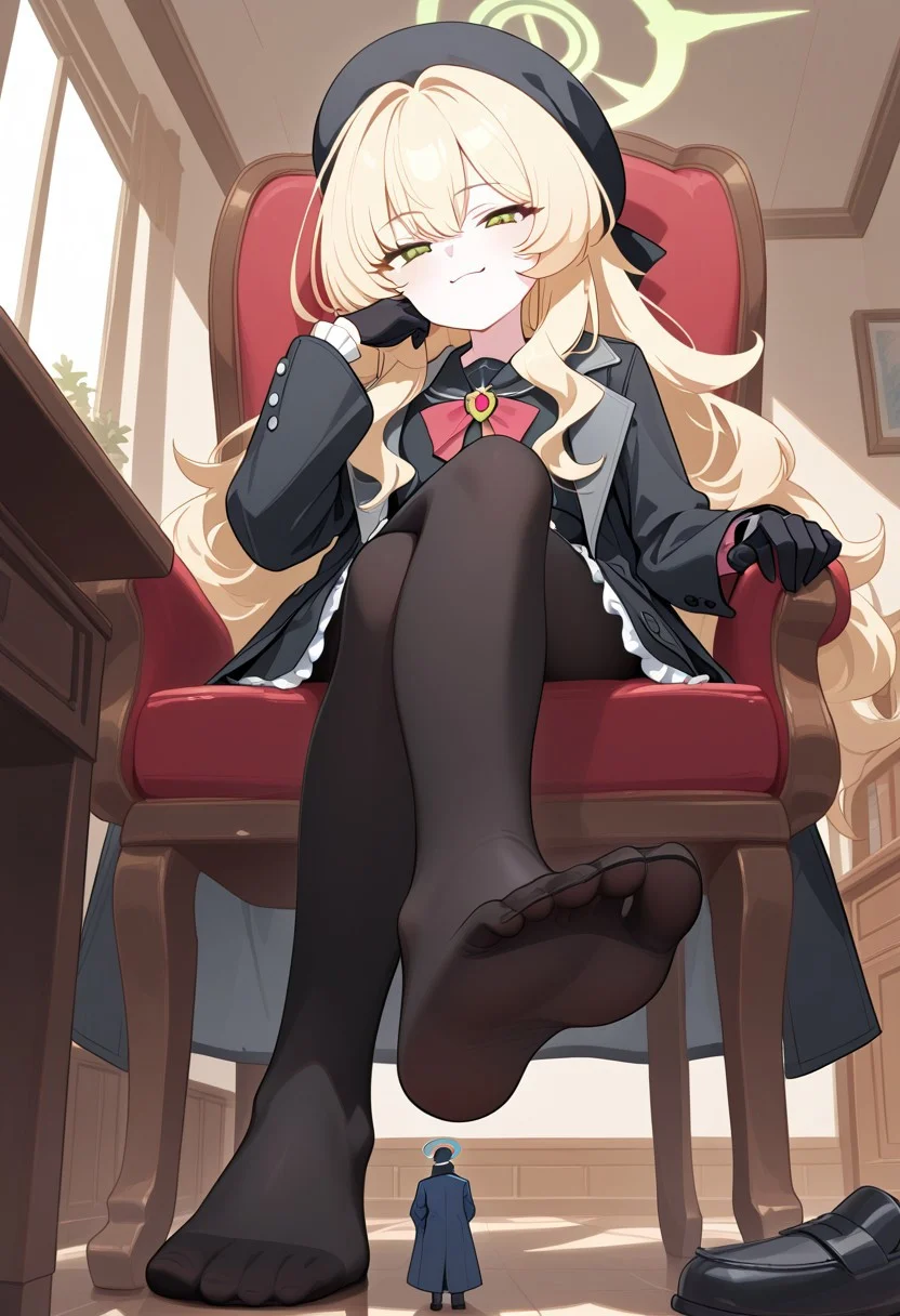 professor niyaniya (blue archive),1girl, halo, long hair, messy hair, sidelocks, blonde hair, serafuku, ribbon, brooch, coat, frills, hat, gloves, pantyhose, green eyes, sitting, chair, indoors, toes, smug, half closed eyes,
round_cheeks,low_cheekbone,chin_curve, large_anime_eyes, emerald_green_eyes,
from below,foreshortening,foot focus,
imminent crush, giantess, from below
